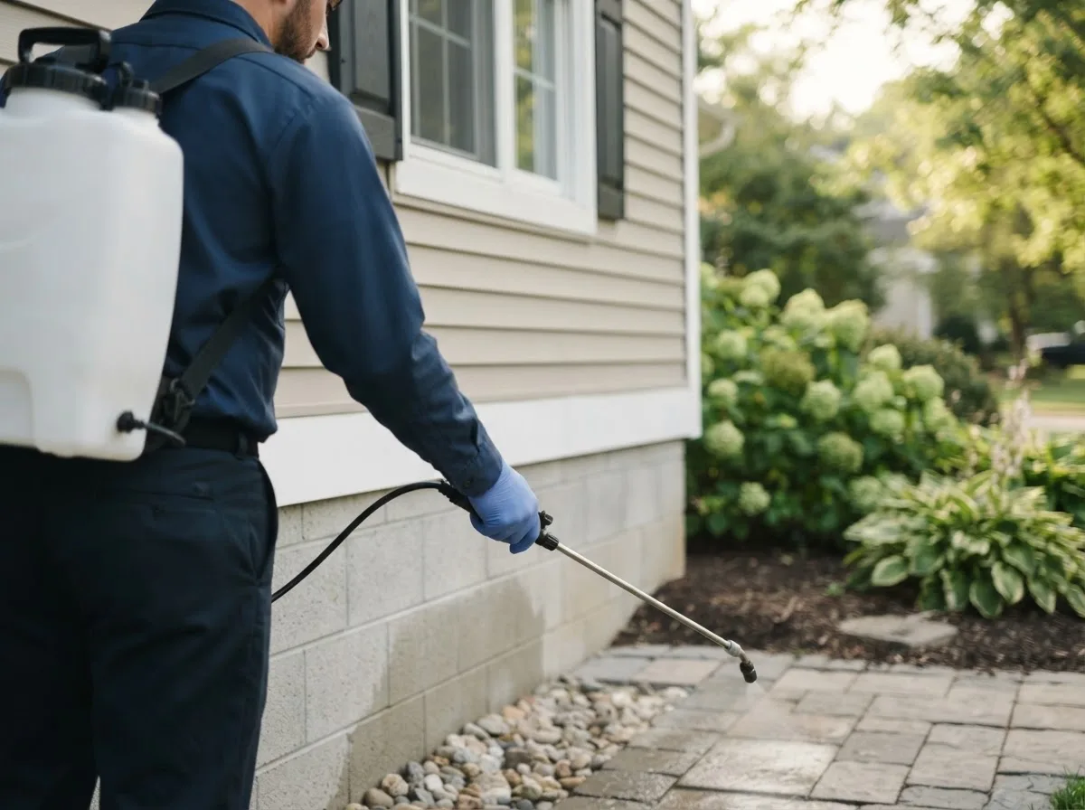 Pest control technician inspecting a home in Blythedale, MO